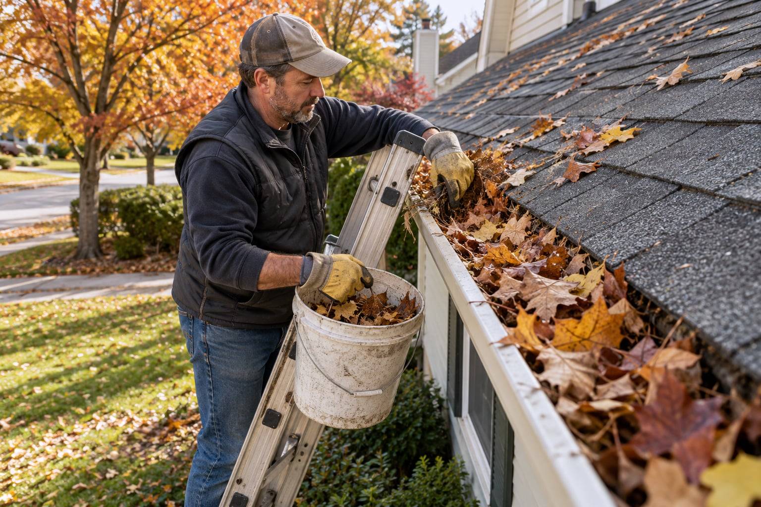 A man in work gloves on a ladder scooping fall leaves from a packed gutter into a bucket, with autumn trees along the street behind him. Illustrative image: hand-clearing a leaf-packed gutter in fall. It does not show a professional we refer.