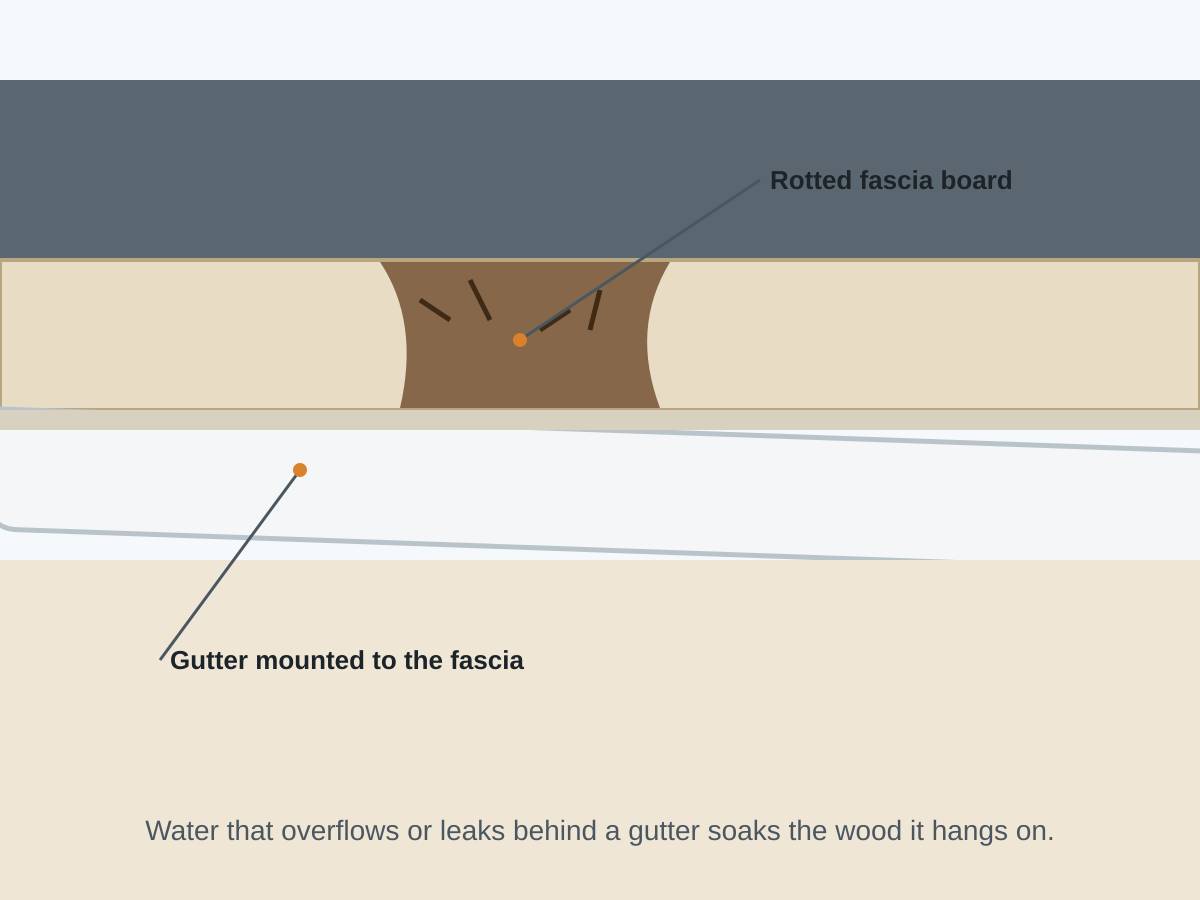 Illustration of a gutter hanging from a darkened, rotted length of fascia board at the edge of a roof. Illustration: soft, water-damaged fascia behind a gutter.
