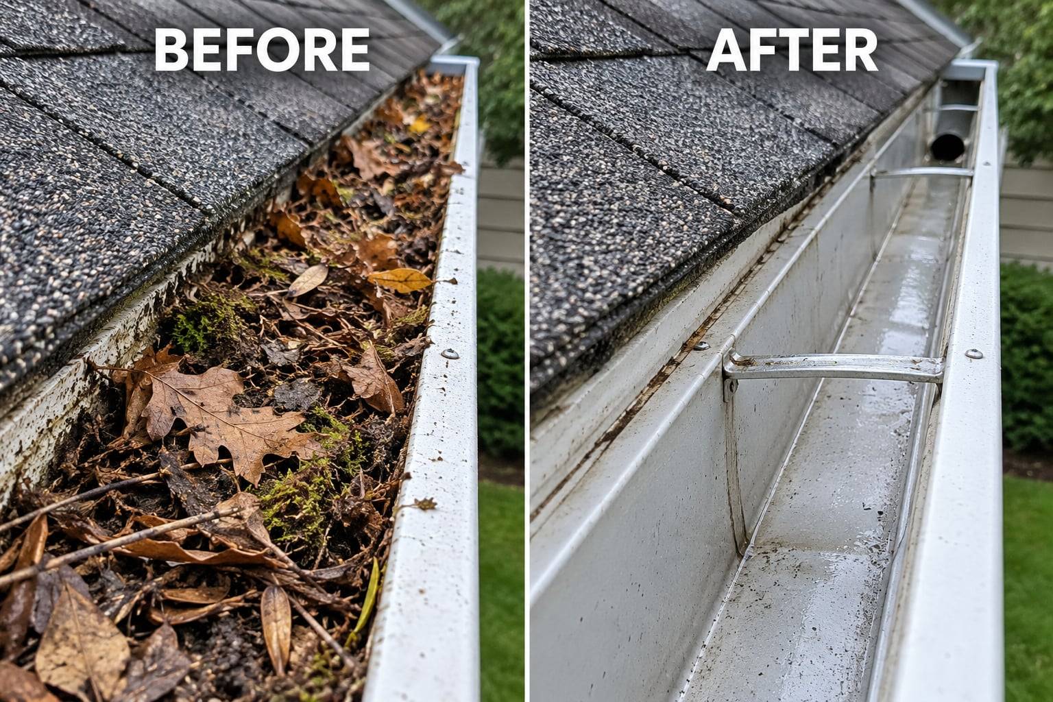 Side-by-side comparison: a gutter packed with wet leaves, twigs and moss labeled Before, and the same style of gutter cleaned and rinsed with a clear downspout opening labeled After. Illustrative image of what a thorough cleaning should leave behind, not a specific job.