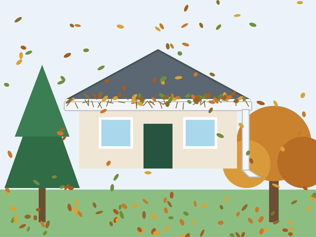 Drawing of a house between a pine and a leafy hardwood, with needles and leaves gathering in the gutter. Illustration: evergreen and deciduous trees clog gutters at different times of year.